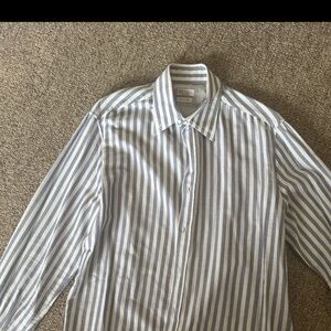 Brunello Cucinelli Blue and White Vertical Stripe Button-Down Shirt